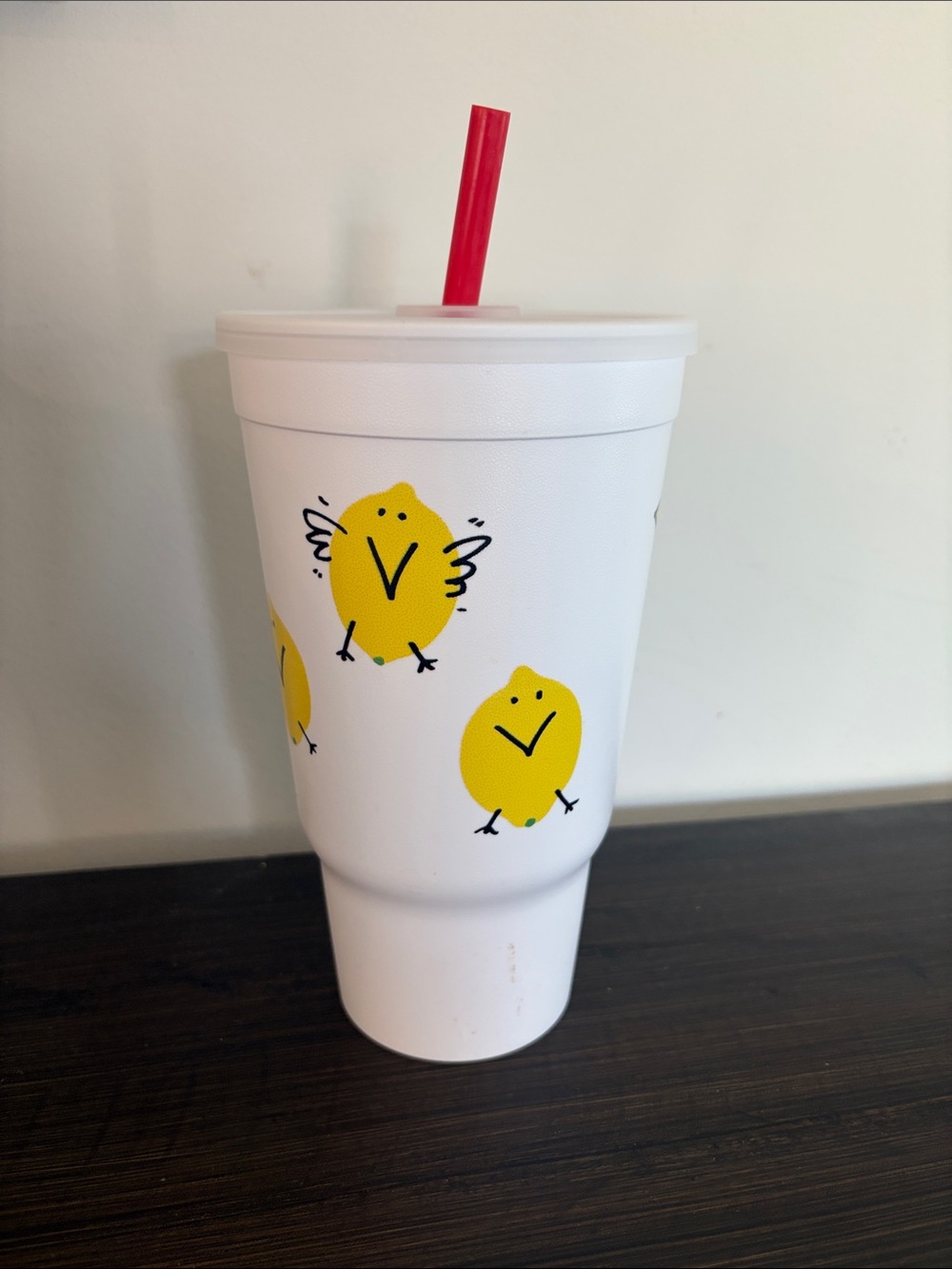 White Chick Print Party Cup with Red Straw